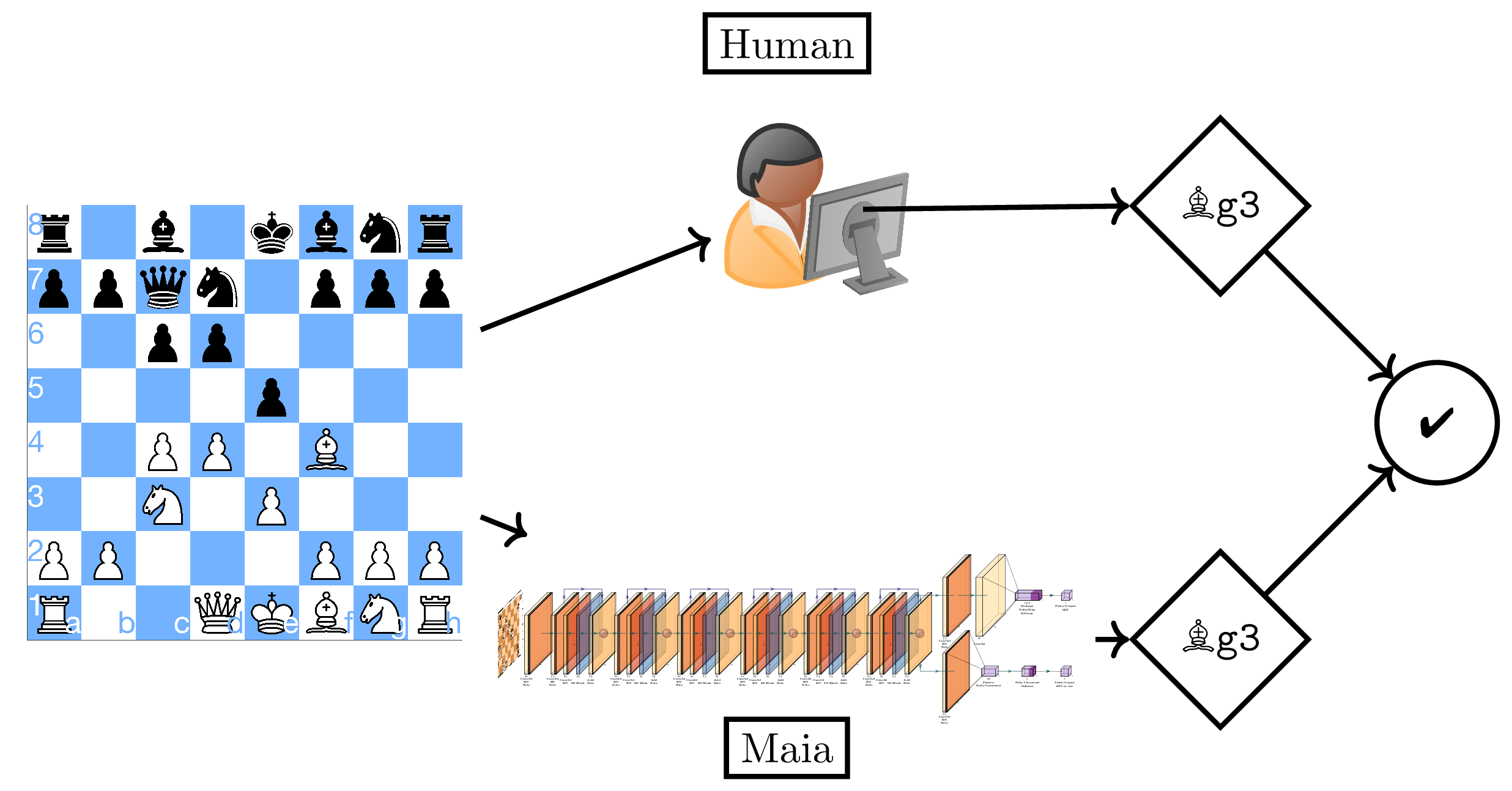 During training, Maia is given a position that occurred in a real human game and tries to predict which move was made